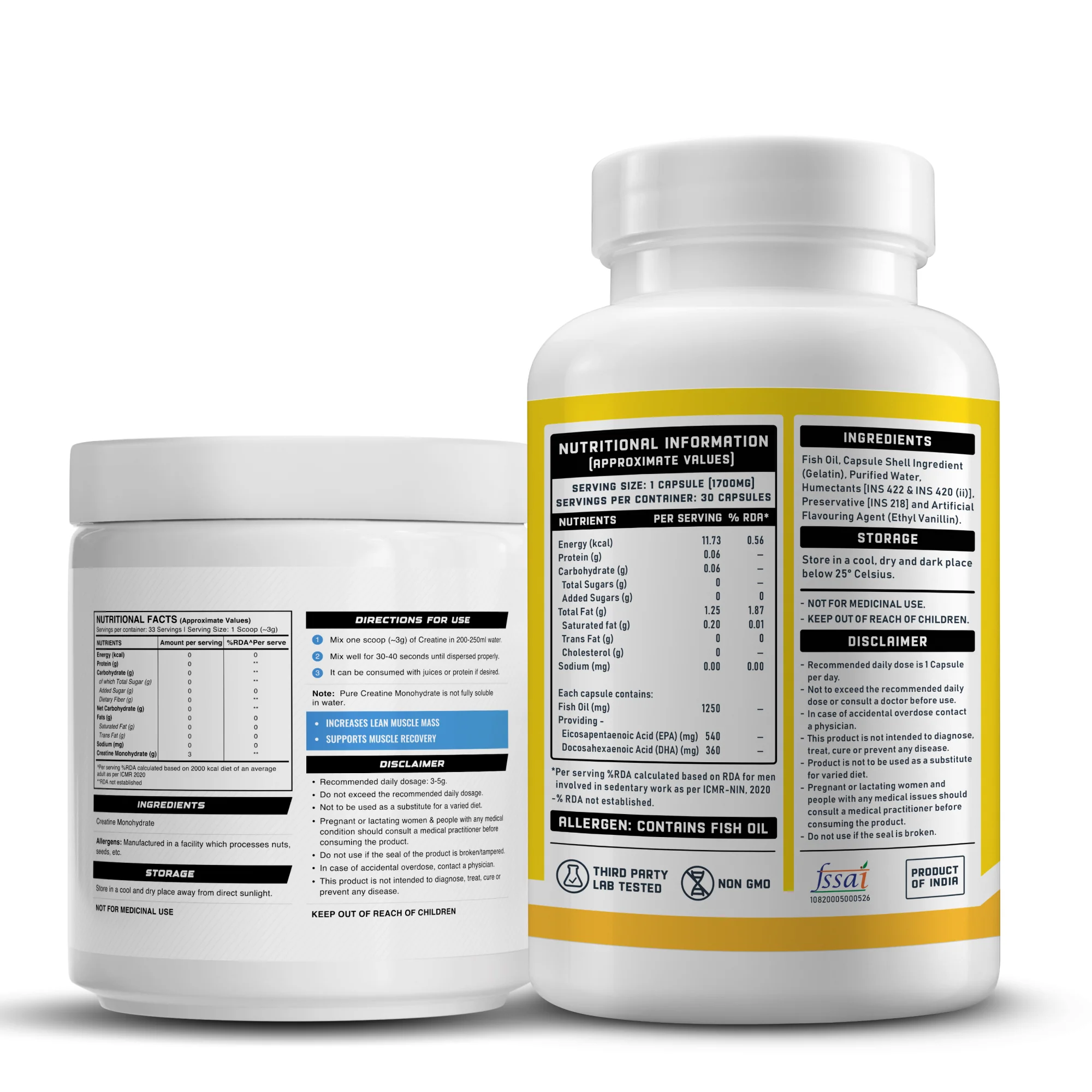 YouWeFit Omega-3 Fish Oil (30 Capsules), 1250mg + Wellcore Creatine Monohydrate (100gm, 33 Servings) - Image 2