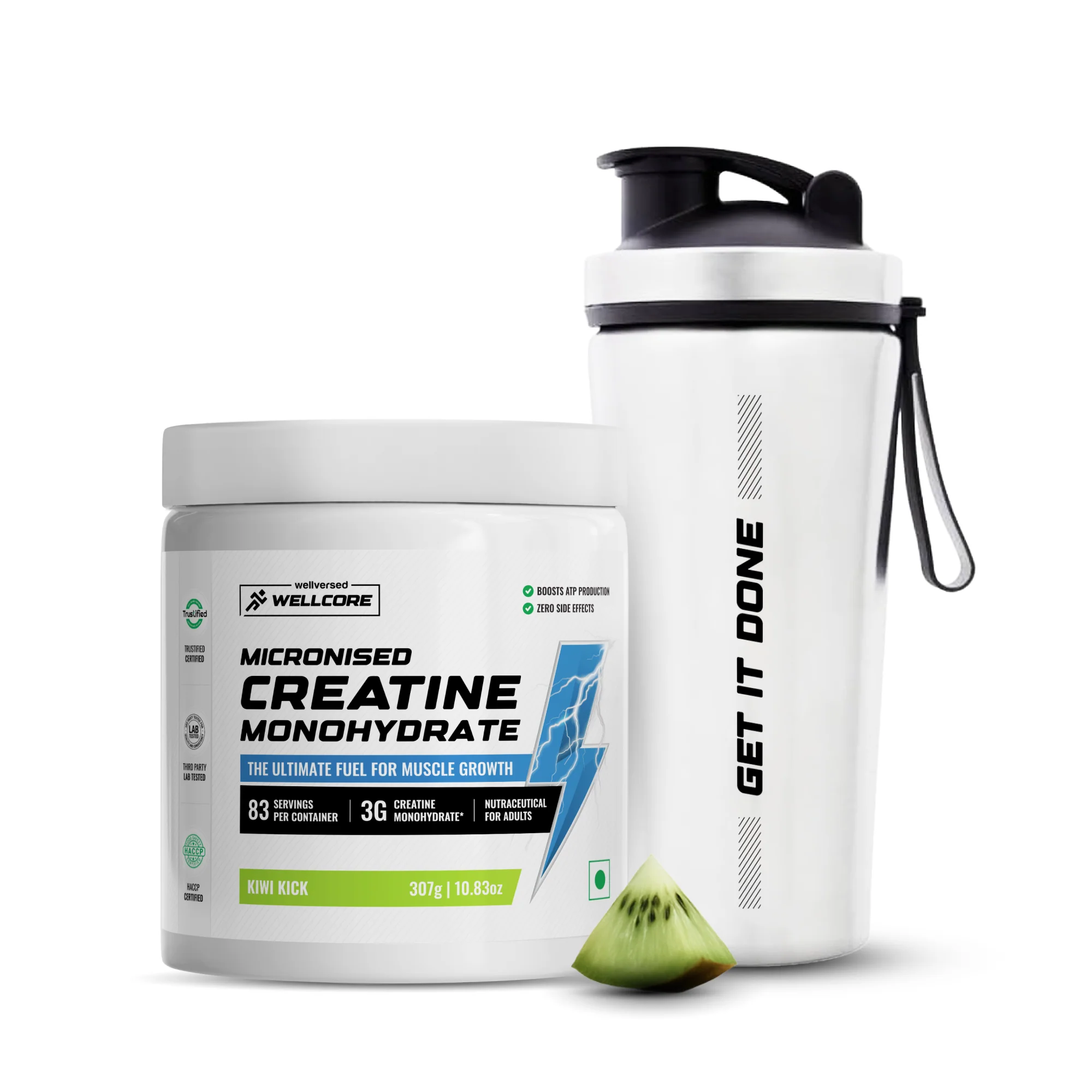 Wellcore - Micronised Creatine Monohydrate (83 Servings, Kiwi Kick) + Premium Steel Shaker