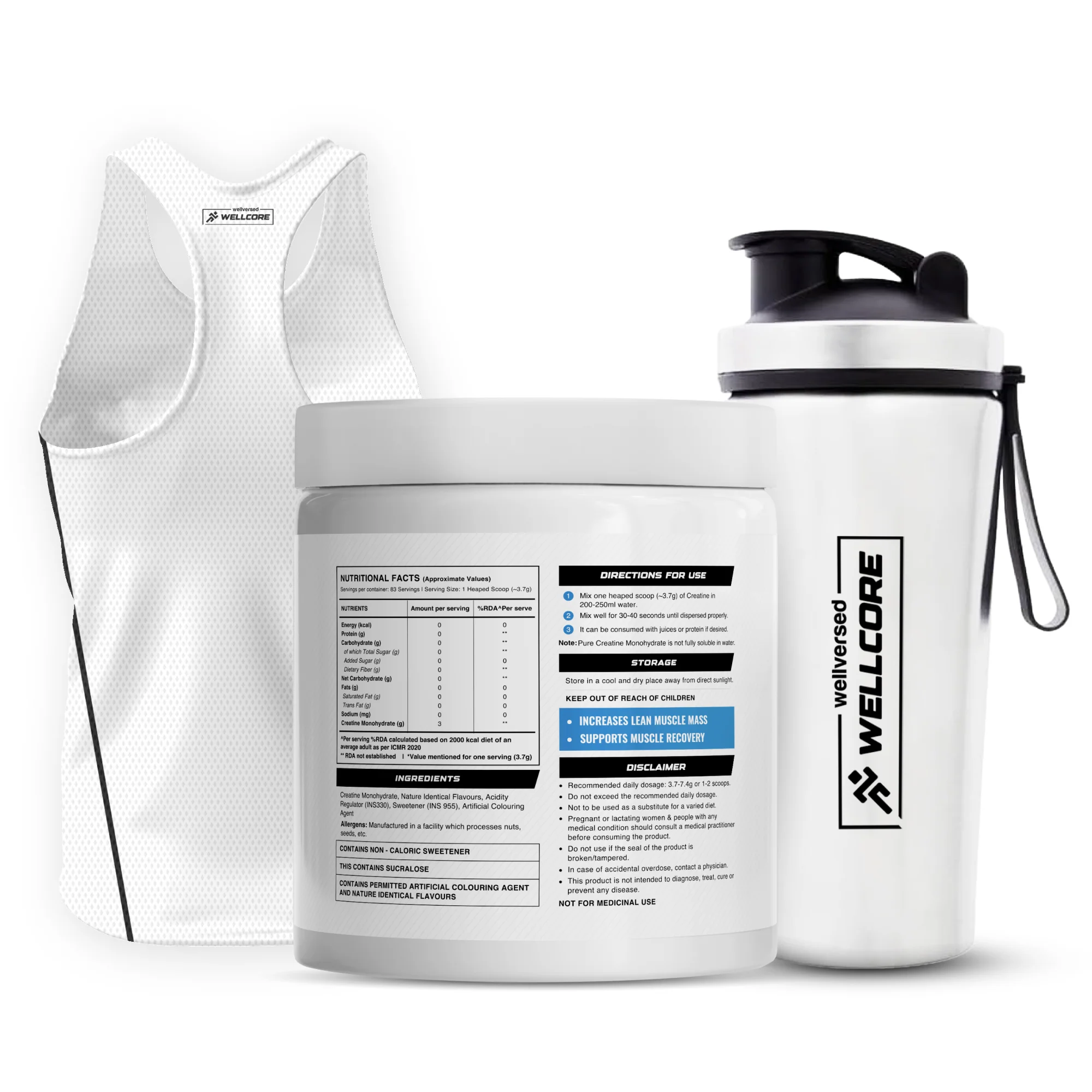 Wellcore - Pure Micronised Creatine Monohydrate | Kiwi Kick (307g, 83 Servings)  + Premium Steel Shaker & Gym Vest - Image 2